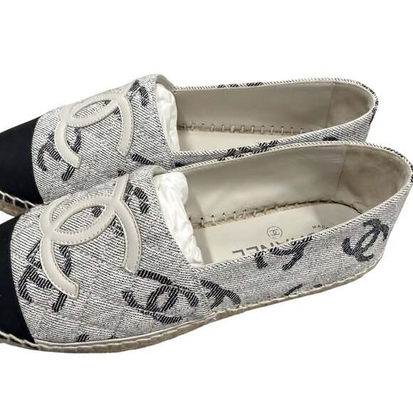 Chanel Espadrille Flats Canvas & Leather CC Logo Design Black/Gray - Picture 9 of 12